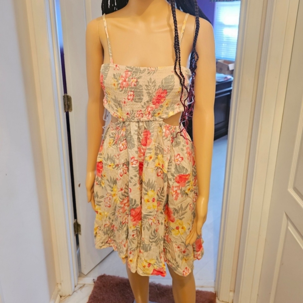 Floral Smocked Cutout Sundress in Cream and Coral